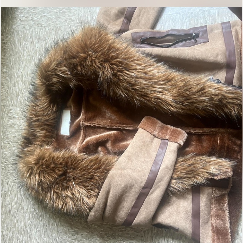 Stylish Tan Faux Fur Trim Jacket